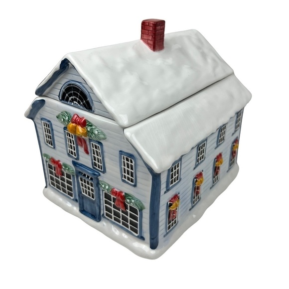 Holiday Cookie Jar David Carter Brown Sakura Blue Christmas Valley Inn Ceramic - Picture 2 of 14